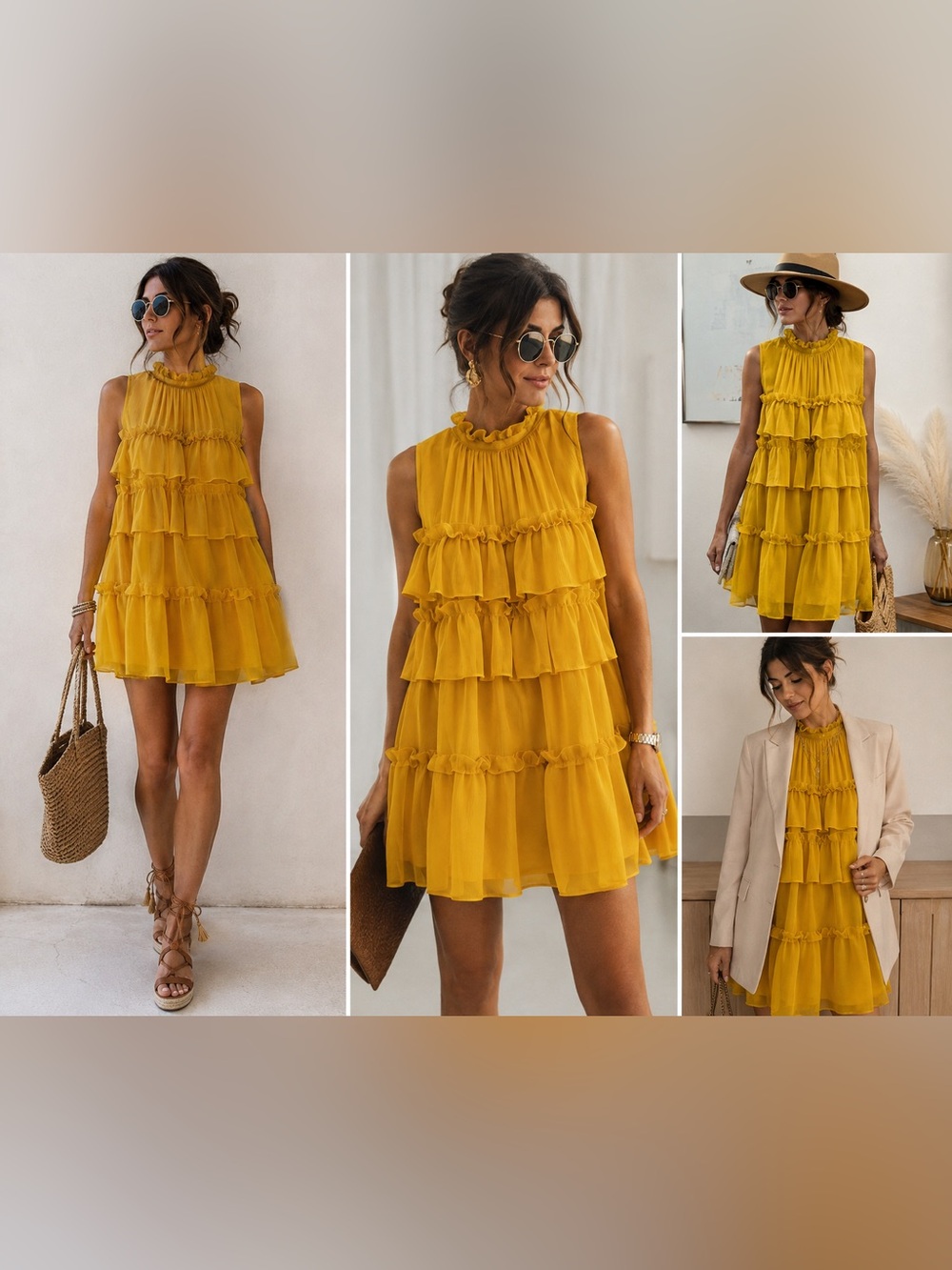 Adam Lippes Collective Yellow Tiered Ruffle Mock Neck Mini Dress Size 10